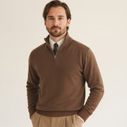 Men's Half-Zip Cotton Sweater with High Collar and Ribbed Details
