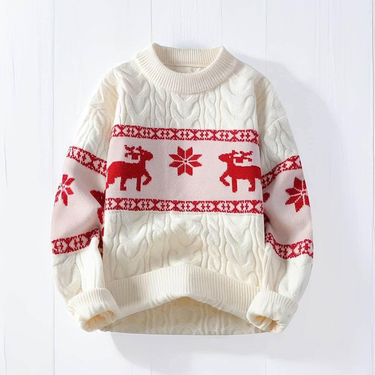 Men's Relaxed Cable Knit Christmas Sweater with Crew Neck and Ribbed Cuffs