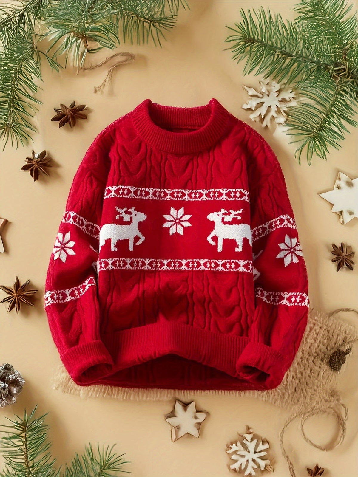 Men's Relaxed Cable Knit Christmas Sweater with Crew Neck and Ribbed Cuffs