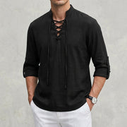 Men's Relaxed Linen Shirt with Band Collar and Lace-Up Neckline