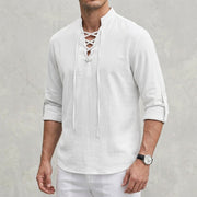 Men's Relaxed Linen Shirt with Band Collar and Lace-Up Neckline