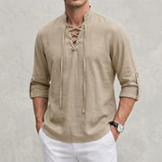 Men's Relaxed Linen Shirt with Band Collar and Lace-Up Neckline