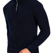 Men's Ribbed Knit Quarter-Zip Sweater with Stand Collar and Cuffs