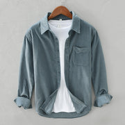 Men's Soft Corduroy Retro Shirt with Point Collar and Chest Pocket