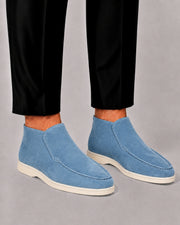 Men's Suede High Loafers with Moc Toe Stitching and Rubber Sole
