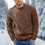 Men's Warm Cable Knit Winter Sweater with Ribbed Crew Neck and Cuffs