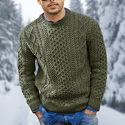 Men's Warm Cable Knit Winter Sweater with Ribbed Crew Neck and Cuffs
