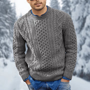 Men's Warm Cable Knit Winter Sweater with Ribbed Crew Neck and Cuffs