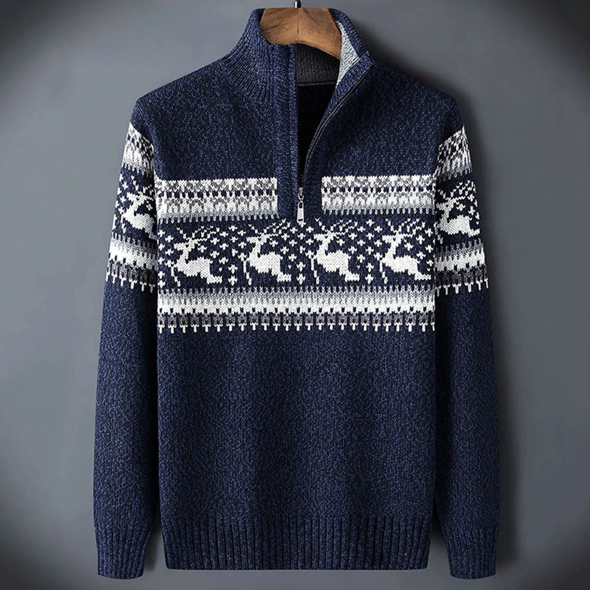 Men's Warm Fair Isle Knit Winter Sweater with Quarter Zip Collar