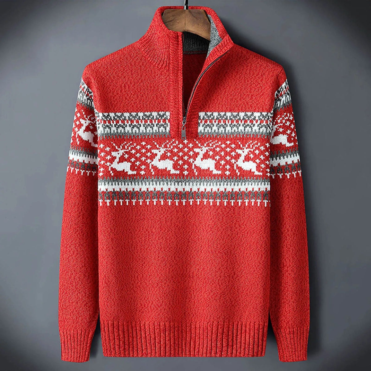 Men's Warm Fair Isle Knit Winter Sweater with Quarter Zip Collar