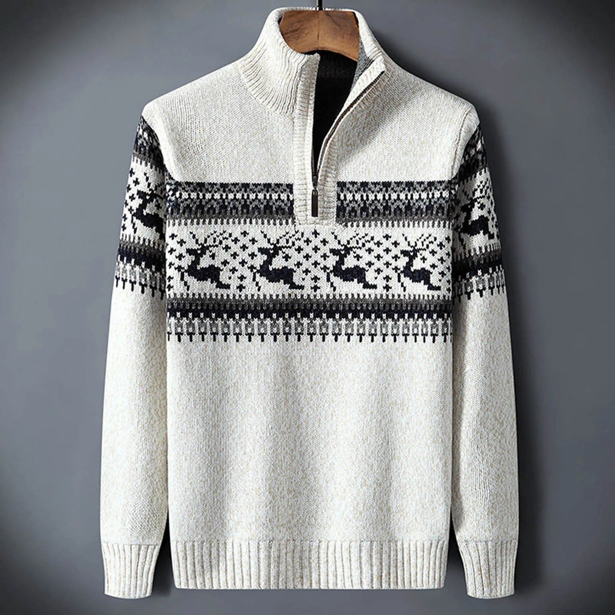 Men's Warm Fair Isle Knit Winter Sweater with Quarter Zip Collar