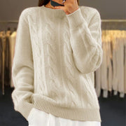 Oversized Cable Knit Crewneck Sweater with Ribbed Cuffs for Women