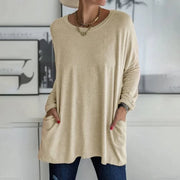 Oversized Longline Sweater with Patch Pockets and Round Neck for Women