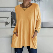 Oversized Longline Sweater with Patch Pockets and Round Neck for Women