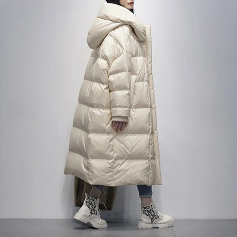 Oversized Quilted Winter Puffer Coat with Hood and Pockets for Women