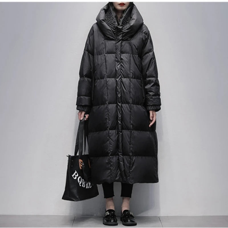 Oversized Quilted Winter Puffer Coat with Hood and Pockets for Women