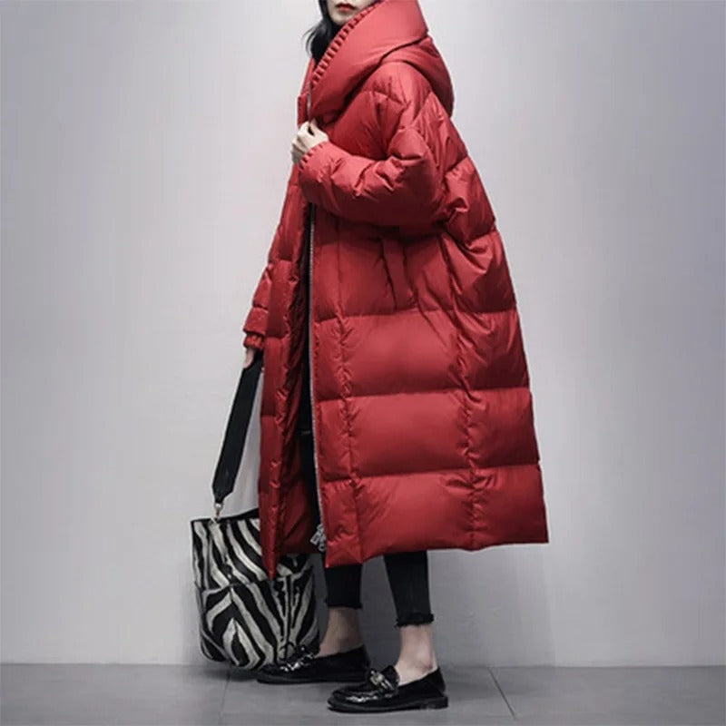 Oversized Quilted Winter Puffer Coat with Hood and Pockets for Women