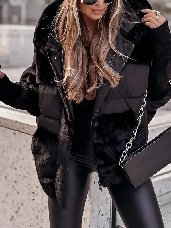 Oversized Thermal Quilted Winter Puffer Jacket with Faux-Fur Hood for Women