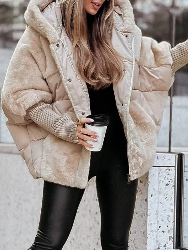 Oversized Thermal Quilted Winter Puffer Jacket with Faux-Fur Hood for Women