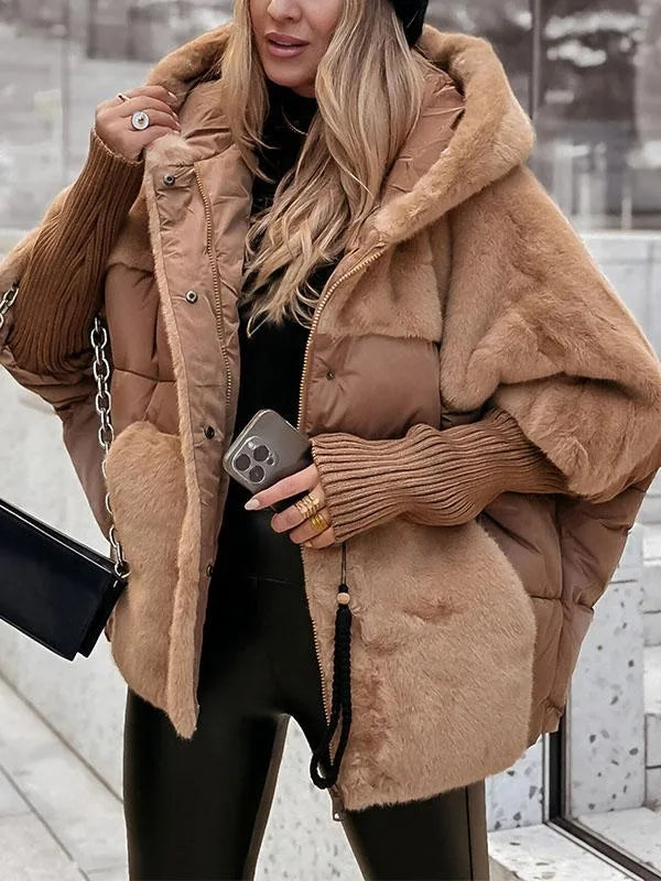 Oversized Thermal Quilted Winter Puffer Jacket with Faux-Fur Hood for Women