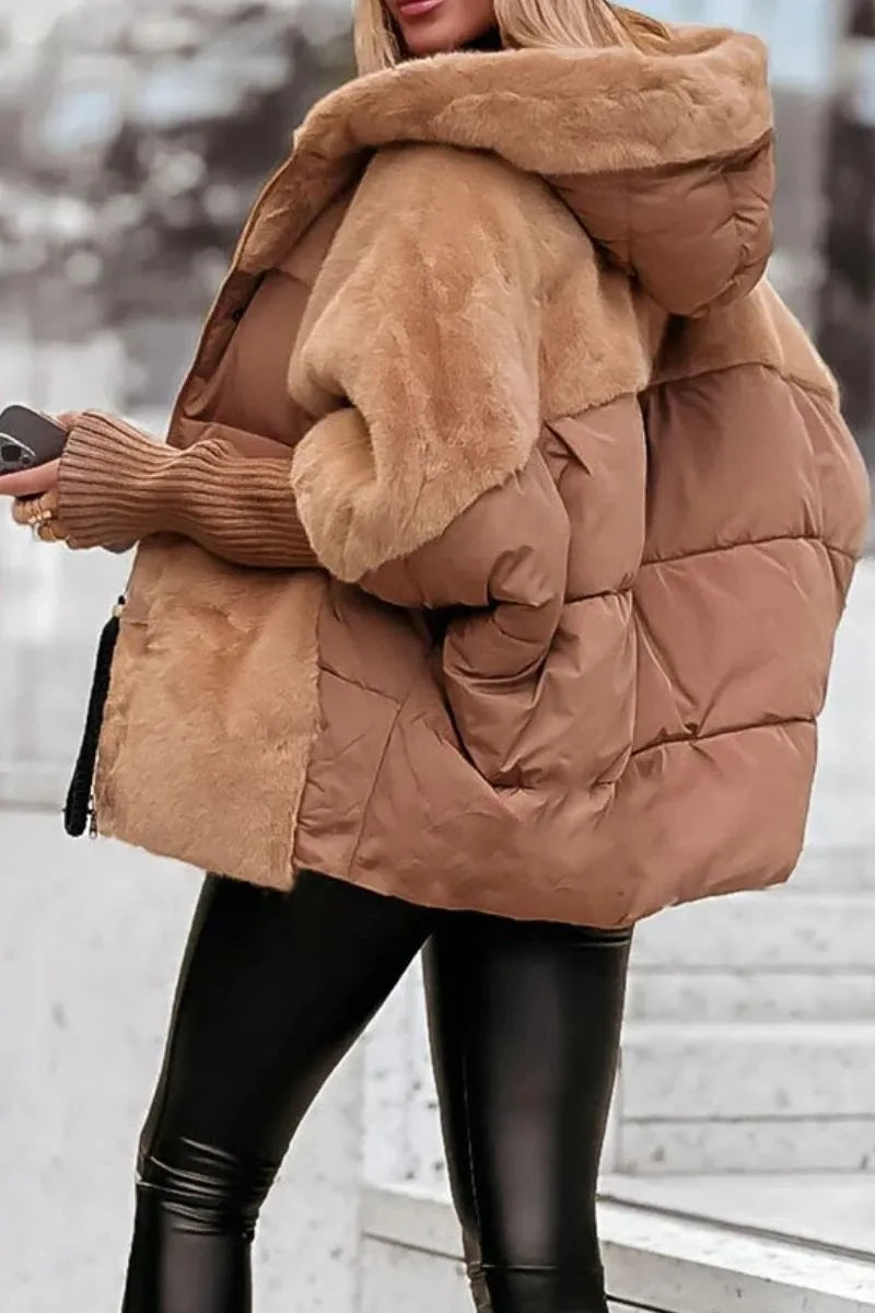 Oversized Thermal Quilted Winter Puffer Jacket with Faux-Fur Hood for Women