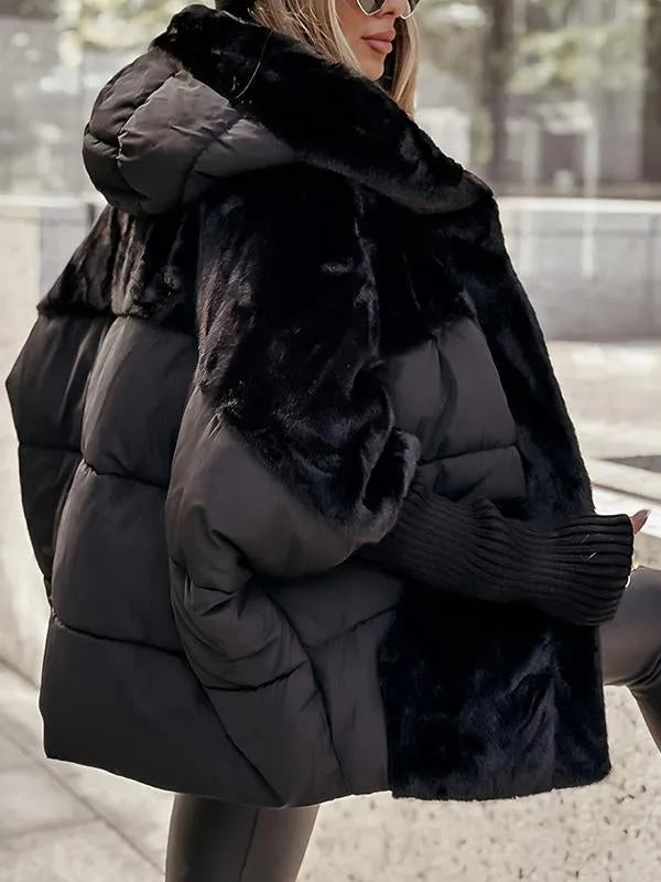 Oversized Thermal Quilted Winter Puffer Jacket with Faux-Fur Hood for Women