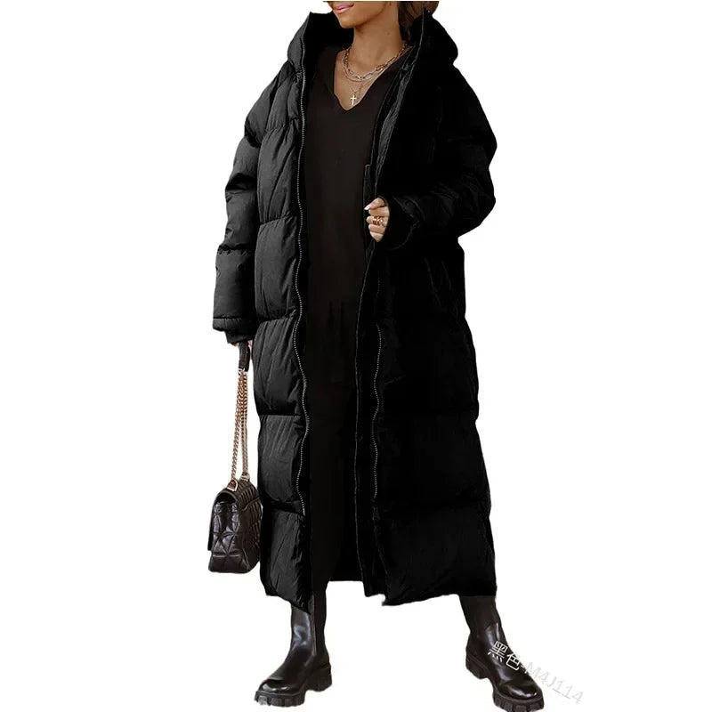 Padded Full-Length Winter Puffer Coat with Hood and Side Pockets for Women
