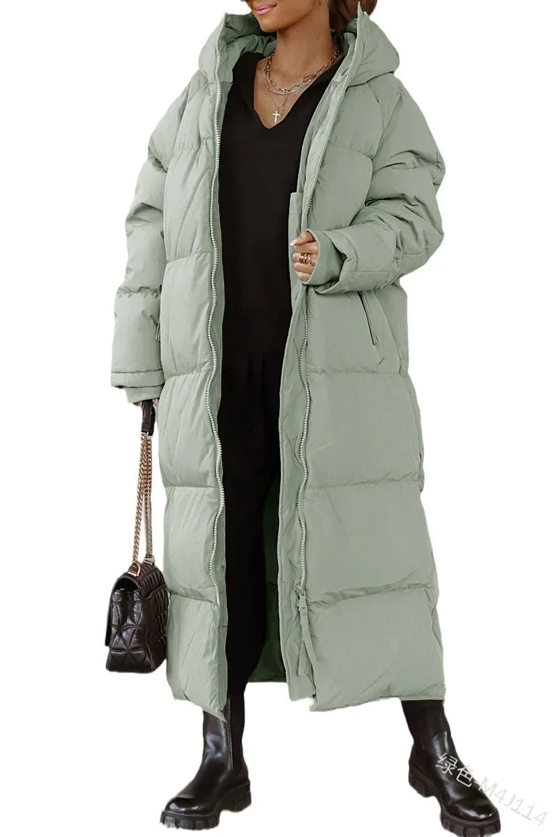 Padded Full-Length Winter Puffer Coat with Hood and Side Pockets for Women