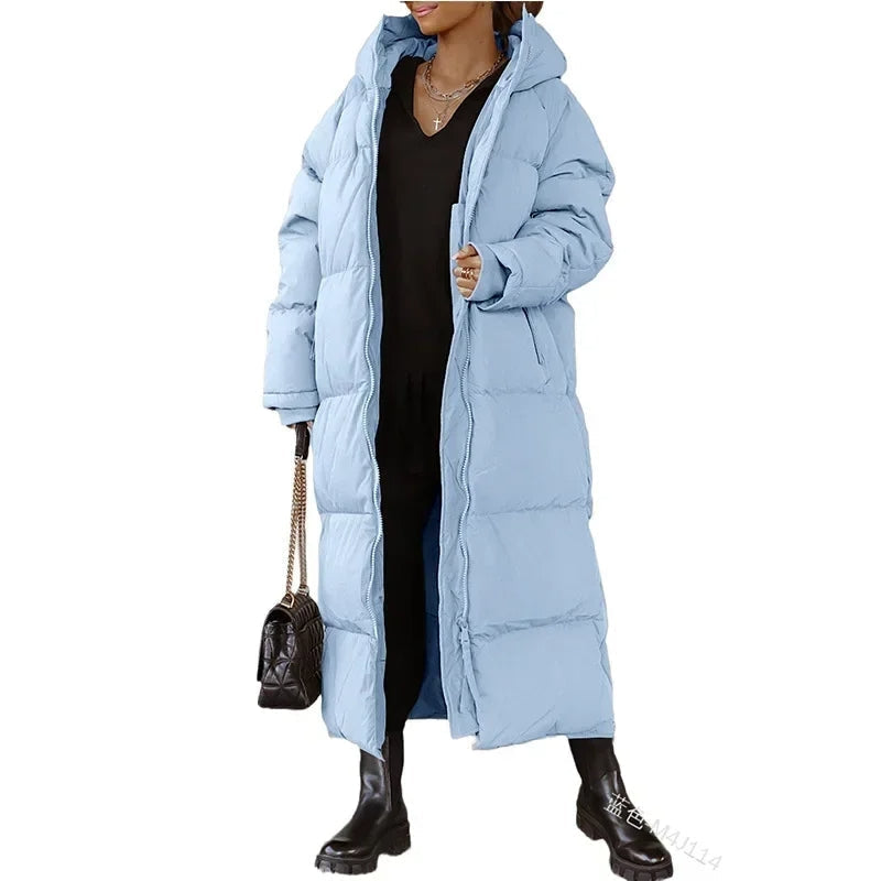 Padded Full-Length Winter Puffer Coat with Hood and Side Pockets for Women