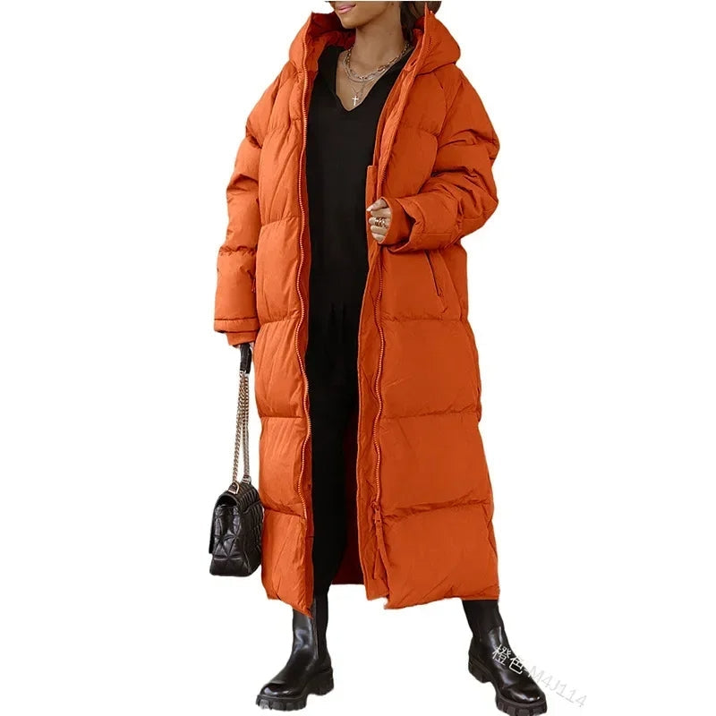 Padded Full-Length Winter Puffer Coat with Hood and Side Pockets for Women