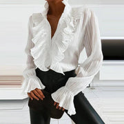 Pleated Ruffled Long Sleeve Blouse for Women's Workwear Elegance
