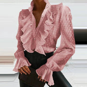 Pleated Ruffled Long Sleeve Blouse for Women's Workwear Elegance