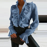 Pleated Ruffled Long Sleeve Blouse for Women's Workwear Elegance