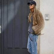 Plush Cropped Faux-Fur Winter Evening Jacket with Long Sleeves for Women