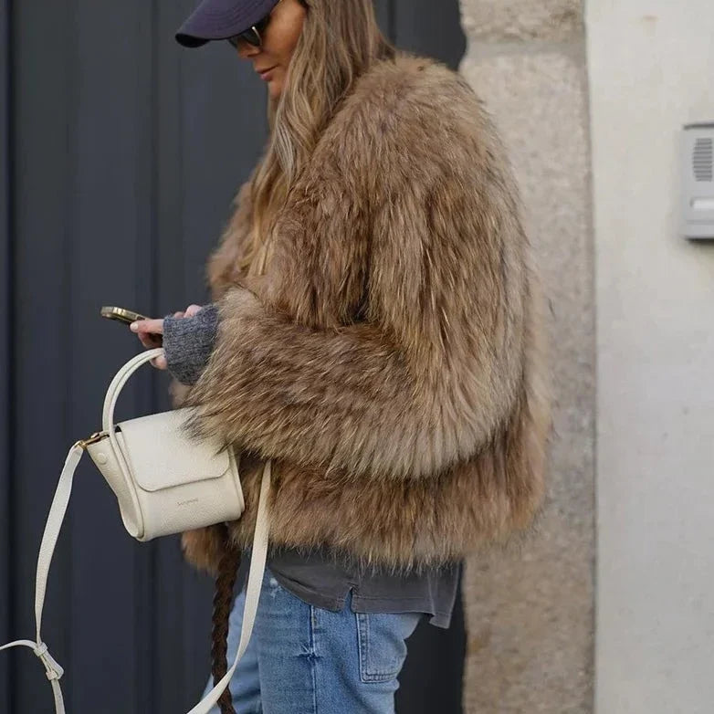 Plush Cropped Faux-Fur Winter Evening Jacket with Long Sleeves for Women
