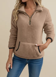Women's Warm Sherpa Teddy Fleece Half-Zip Winter Pullover with Pouch Pocket