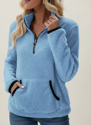 Women's Warm Sherpa Teddy Fleece Half-Zip Winter Pullover with Pouch Pocket
