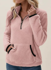 Women's Warm Sherpa Teddy Fleece Half-Zip Winter Pullover with Pouch Pocket