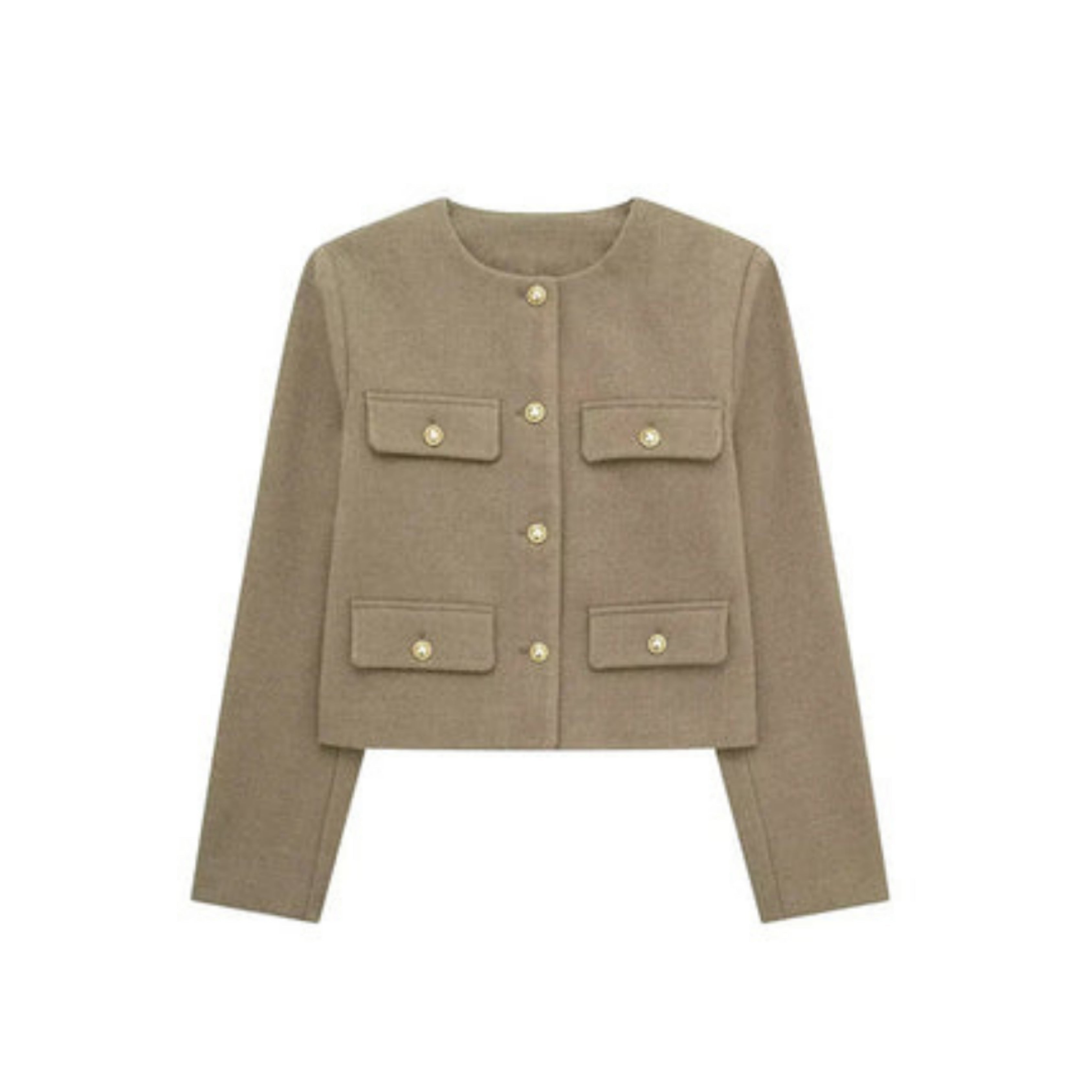 Veste courte Audriélle pour femme, boutons dorés distinctifs et coupe structurée adaptée aux tenues chic.