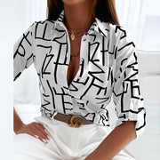 Printed Collared Long Sleeve Blouse Casual Wear Breathable