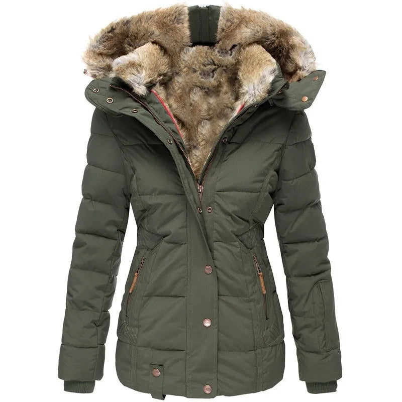 Legergroene dames winterjas met imitatiebont