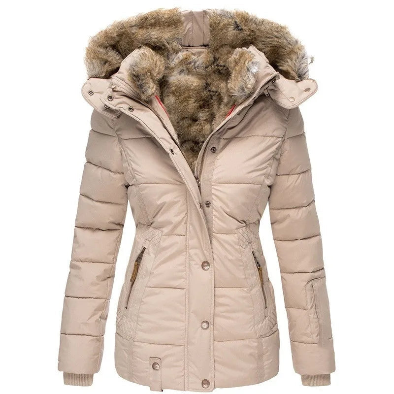 Beige gewatteerde winterjas met bontkraag voor dames