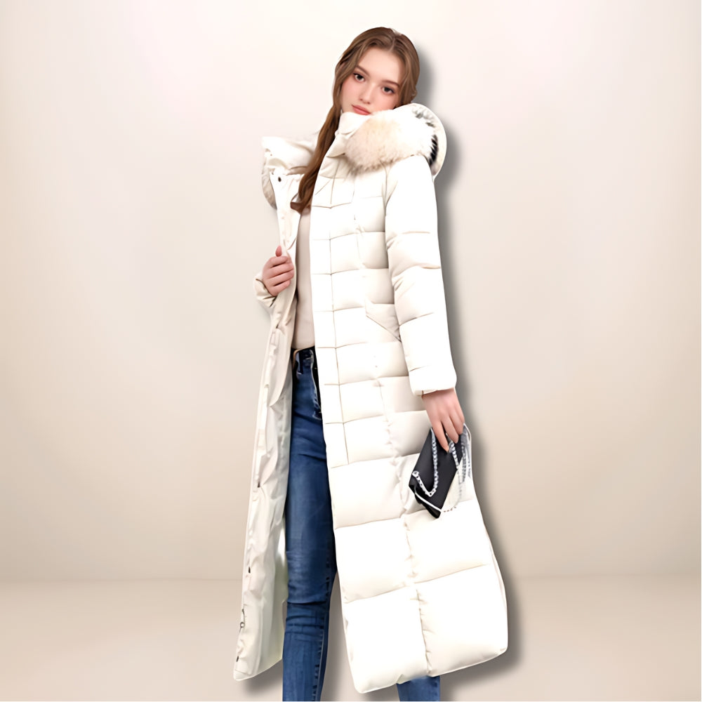Quilted Winter Puffer Coat with Faux-Fur Hood and Side Pockets for Women