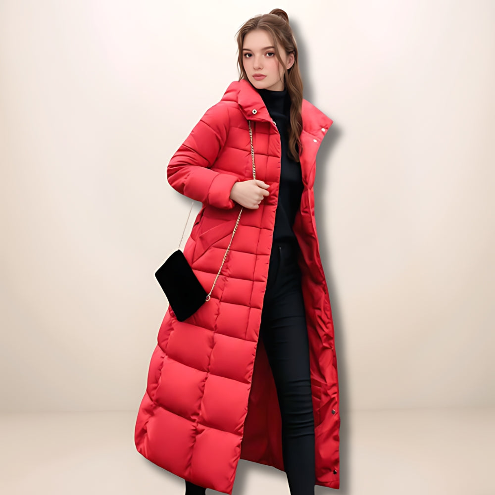 Quilted Winter Puffer Coat with Faux-Fur Hood and Side Pockets for Women