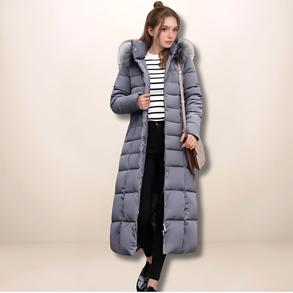 Quilted Winter Puffer Coat with Faux-Fur Hood and Side Pockets for Women