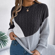 Women's Relaxed Color Block Cable Knit Winter Sweater with Blouson Sleeves