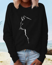 Relaxed Cat Print Sweatshirt with Raglan Sleeves and Ribbed Cuffs for Women