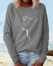 Relaxed Cat Print Sweatshirt with Raglan Sleeves and Ribbed Cuffs for Women