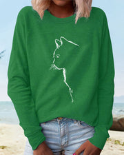 Relaxed Cat Print Sweatshirt with Raglan Sleeves and Ribbed Cuffs for Women