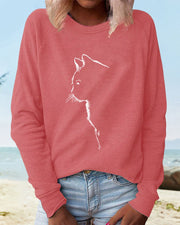 Relaxed Cat Print Sweatshirt with Raglan Sleeves and Ribbed Cuffs for Women